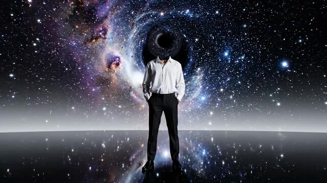 Conceptual animation of a businessman standing against a cosmic background with a black hole for a head, symbolizing mental health issues like stress, burnout, and information overload