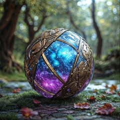 radiant mystical crystal ball with decorative patterns in a dreamy forest setting for fantasy or magical concept art