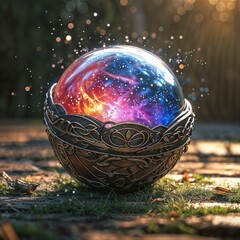 glowing ornate crystal ball with mystical patterns on blurred forest background for magical illustrations and fantasy scenes