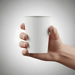 Close-up of a hand holding a blank white paper cup against a gradient background, perfect for mockups