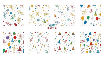 Festive New Year's Eve Seamless Patterns Collection with Confetti and Celebration Icons © Punduh
