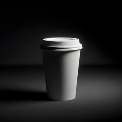 A clean, minimalist photo of a white disposable coffee cup with a lid on a dark, moody background