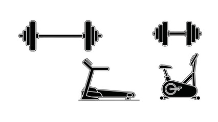 Gym equipment vector icons for fitness and wellness, featuring dumbbells, treadmill and bike