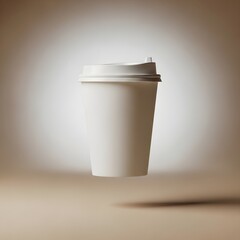 A clean, white disposable coffee cup with a lid floats in the center of a softly lit, neutral background, perfect for showcasing branding or design