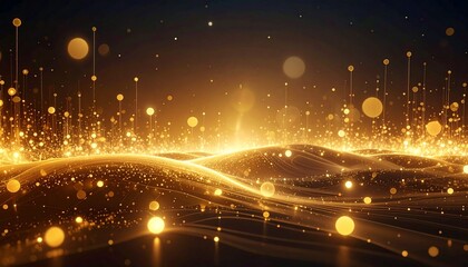 Golden glowing dots rise on vertical lines from smooth abstract waves. Futuristic luxury background resembling fiber optics or data flow.