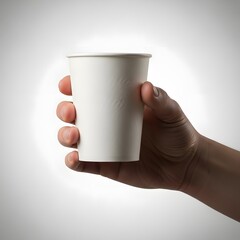 Hand holding a blank white cup, ideal for coffee or any beverage, perfect for a mockup