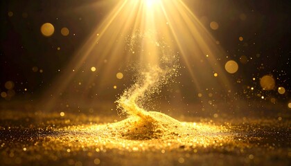 A swirl of golden glitter dust rises from a pile, pulled upwards by a strong sunbeam in a mystical dark setting.