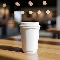 Close-up of a blank white disposable coffee cup with a lid, ready for branding or design, resting on a warm wooden table in a cafe setting with blurred bokeh lights