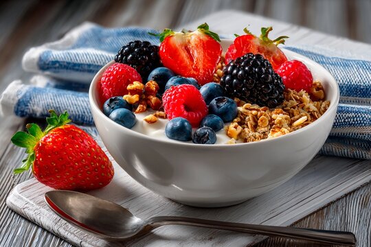 A vibrant breakfast bowl features yogurt topped with a mix of fresh strawberries, blueberries, blackberries, and granola, set on a rustic wooden table with a blue cloth
