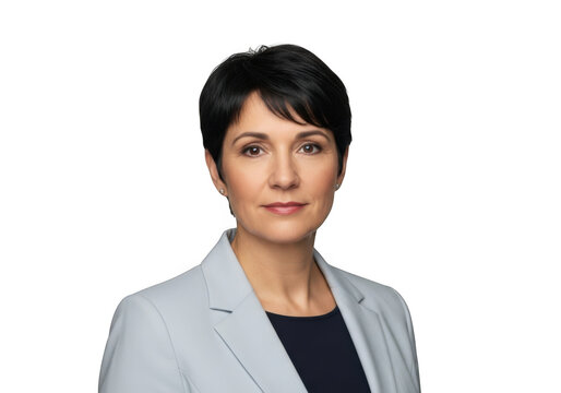 Professional portrait of a woman with short dark hair wearing a light gray blazer isolated on transparent background