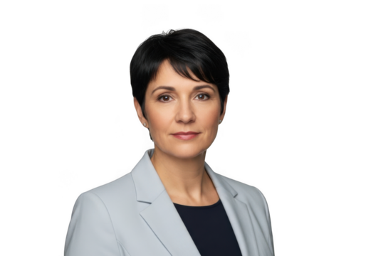 Professional portrait of a woman with short dark hair wearing a light gray blazer isolated on transparent background