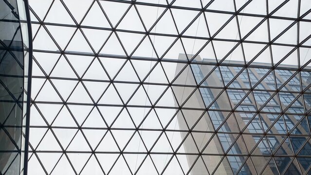 Glass ceiling grid reflecting modern office building facade