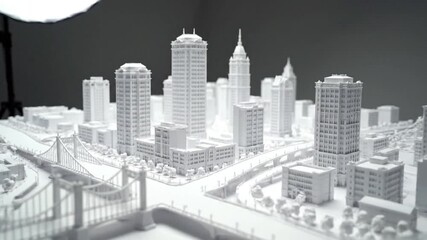 Monochrome miniature model of a city skyline with bridges and skyscrapers