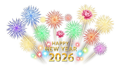 Cheerful New Year 2026 Celebration Fireworks Display Against a White Background