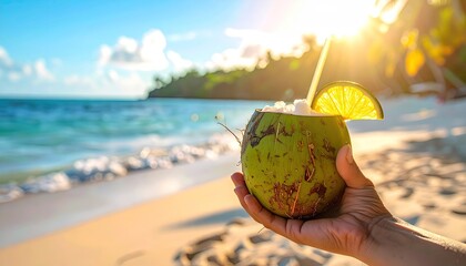 Hand holding a fresh green coconut drink with lime slice and straw on a sandy beach during a golden sunrise with palm trees in the background and ocean waves rolling in
