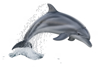 Dolphin leaping out of water isolated on transparent background for wildlife and ocean themes