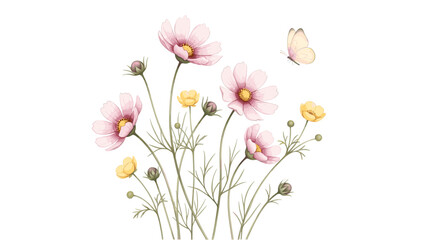 Naklejka premium Delicate watercolor illustration of pink cosmos flowers and small yellow blossoms with a single butterfly, isolated on
