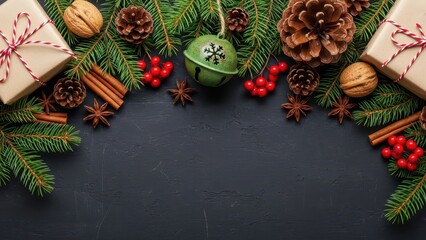 Festive christmas arrangement with gifts pine cones and greenery on a dark background copy space