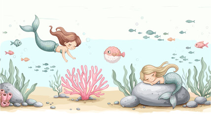 Cute watercolor illustration of two mermaids swimming and resting underwater with fish and coral on the seabed for childrens design