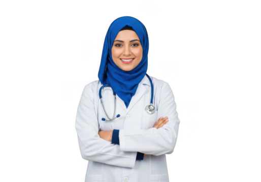 Smiling muslim woman doctor wearing blue hijab and white lab coat with stethoscope isolated on transparent background