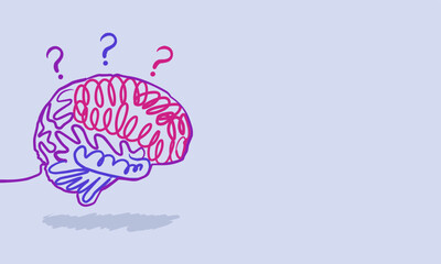 A hand-drawn illustration of a brain in a purple color combination with question marks above it, arranged on a light blue background with open space on the right side for design or text placement