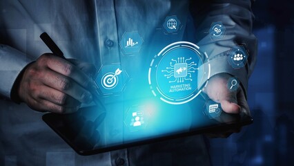 Marketing automation diagram showcase AI-driven campaign workflow, highlight marketing automation, data-driven strategy, marketing automation tools, and market automation process in business. Muxer