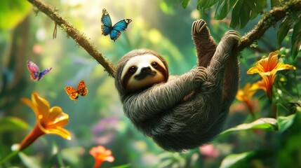 Naklejka premium Sloth hanging from a branch surrounded by flowers and butterflies