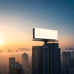 Aerial view of a large blank advertising billboard on a modern building during a golden sunrise over a city