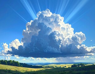Majestic Cloudscape - Sunbeams Illuminating a Summer Landscape.