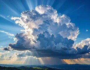 Majestic Cumulonimbus Cloudscape with Sun Rays and Atmospheric Perspective.