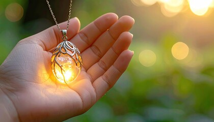 Hand holding luminous orange gemstone pendant necklace with intricate silver metalwork glowing warmly in golden sunlight against soft green bokeh background outdoors