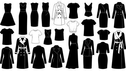 Comprehensive women fashion apparel silhouettes vector illustration set featuring diverse garment types including coats dresses jackets skirts blouses tops and professional clothing outlines