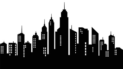 Black silhouette of modern cityscape with illuminated windows against white background urban skyline vector illustration abstract architectural panorama business district view