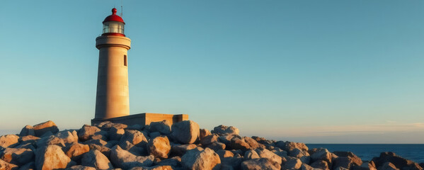 Lighthouse standing tall on rocky shore under clear blue sky during golden hour light