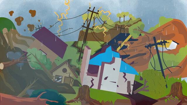 Cartoon illustration of a natural disaster: a landslide, a mudflow with rocks.
