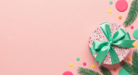 Elegant Christmas gift box with green ribbon, festive decorations on pink background, celebration concept