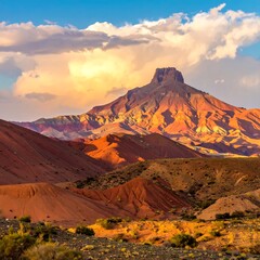 Majestic Desert Mountain Landscape at Sunset with Dramatic Clouds.