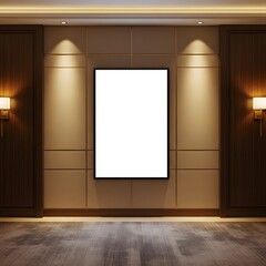 Blank frame on wall with modern lighting and wooden paneling - ideal for displaying artwork or advertisements