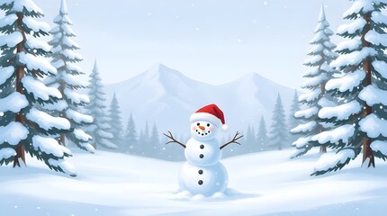 snowmen wearing a christmas hat in a snowy winter wonderland