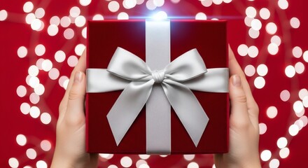 Hands Presenting a Wrapped Gift Box with Elegant Silver Bow against a Festive Bokeh Background