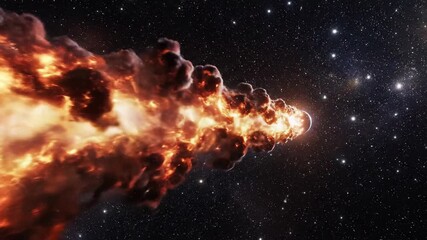 A fiery celestial event An asteroid hurtles through space, creating a trail of fire and smoke