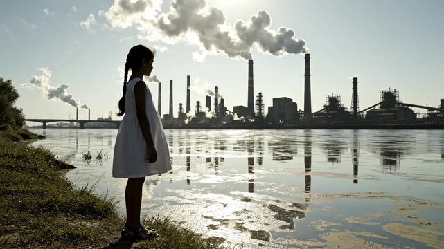 Silhouette of young girl in white dress on riverbank watching a sprawling oil refinery belch smoke, symbolizing water and air pollution, climate crisis and future danger