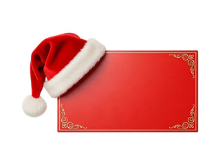 Red Santa hat sits on a festive red holiday blank card with gold ornate borders isolated on transparent background
