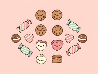Cartoon cookies candy and heart shapes on a soft pink background
