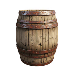 Obraz premium Old wooden barrel with rusted metal bands isolated on transparent background