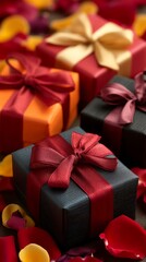 Christmas gift boxes with red ribbon and bow, perfect  holiday celebration surprise present package decoration