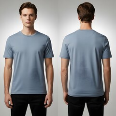 Studio shot of a male model presenting the front and back view of a plain blue-grey crew neck t-shirt, ideal for apparel mockups and clothing design presentations