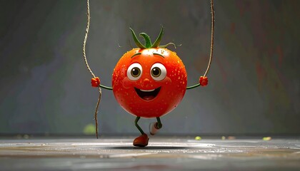 Happy Cartoon Tomato Character Joyfully Skipping Rope with Enthusiasm on a Textured Surface with Dramatic Lighting