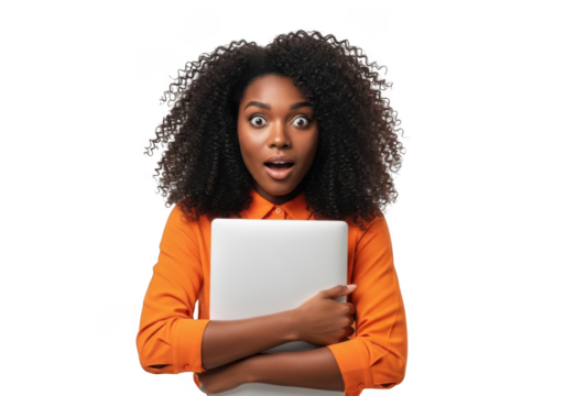 Young african american woman with surprised expression holding a laptop isolated on transparent background
