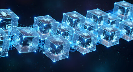 Digital blocks interconnected in a complex network, representing secure data transfer, advanced technology, and distributed information processing